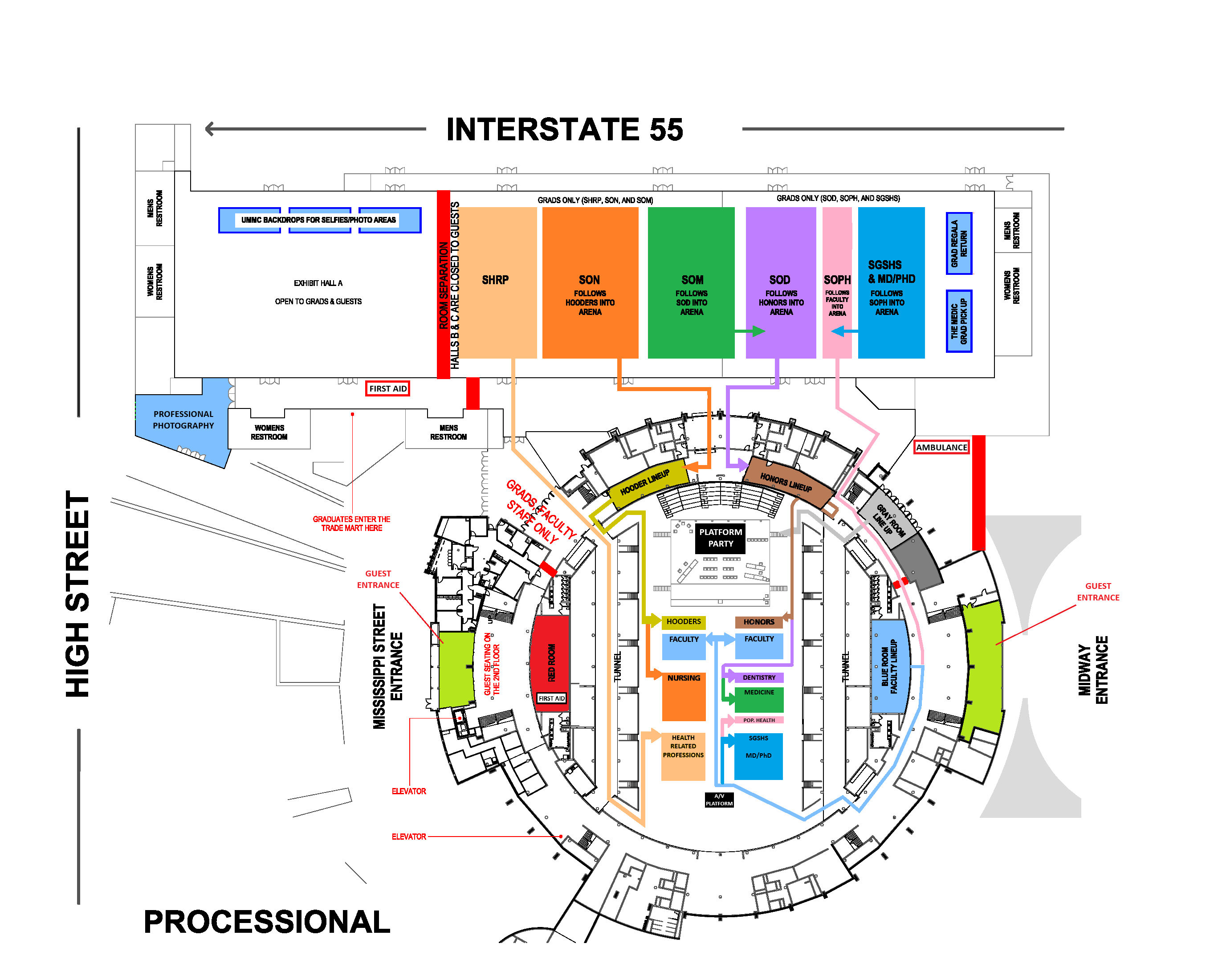 A map of the Mississippi Coliseum and Mississippi Trade Mart. Read the image long description for details.
